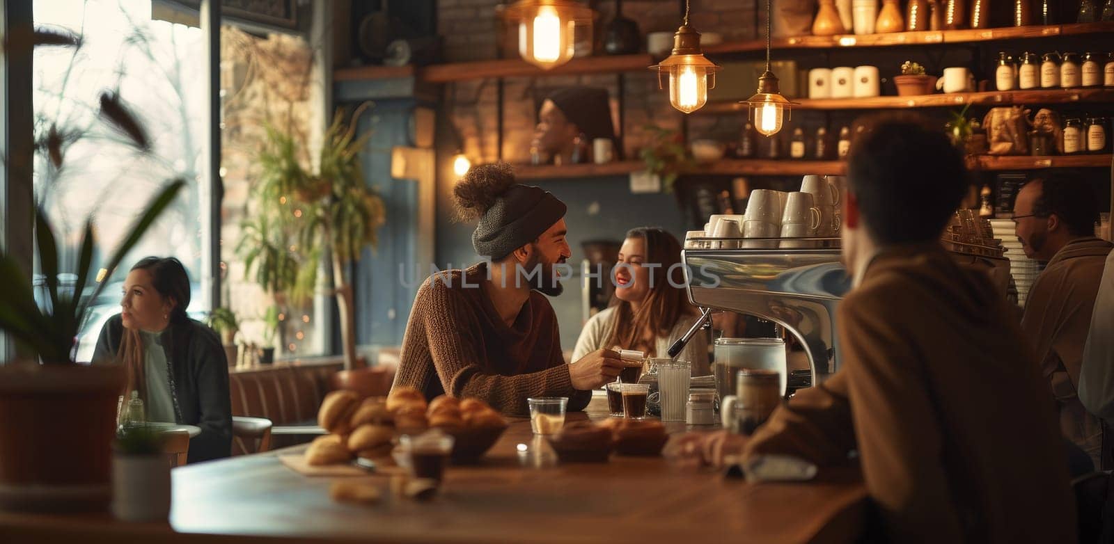 Friends enjoy warm beverages and pastries in a cozy coffee shop, immersed in lively conversation with a city view in the background