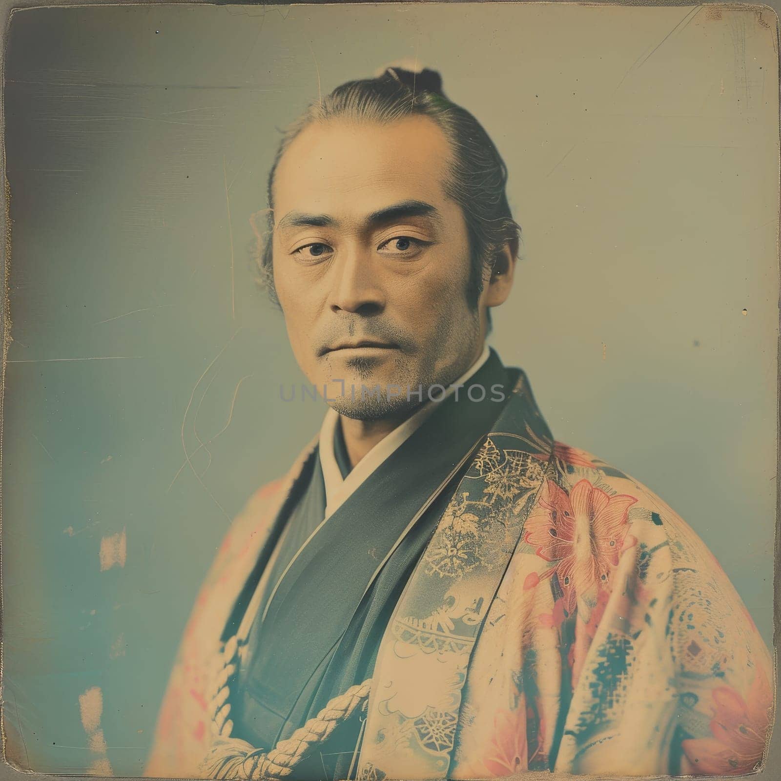 Sepia-toned portrait of a Japanese man in traditional attire, exuding calmness and poise