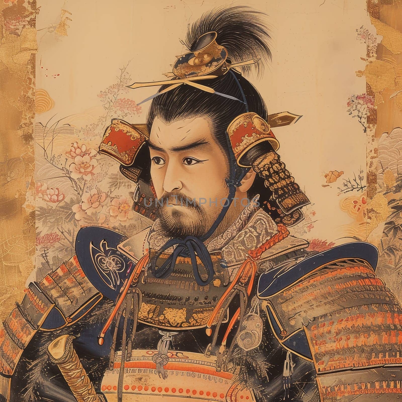 Detailed illustration of a samurai warrior, adorned in traditional armor with a backdrop of Japanese floral art