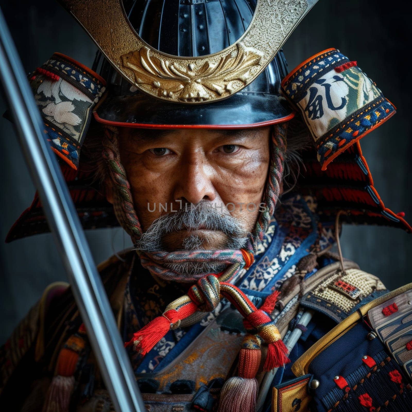 Close-up of a samurai's face, showing intense concentration and the intricate details of his armor