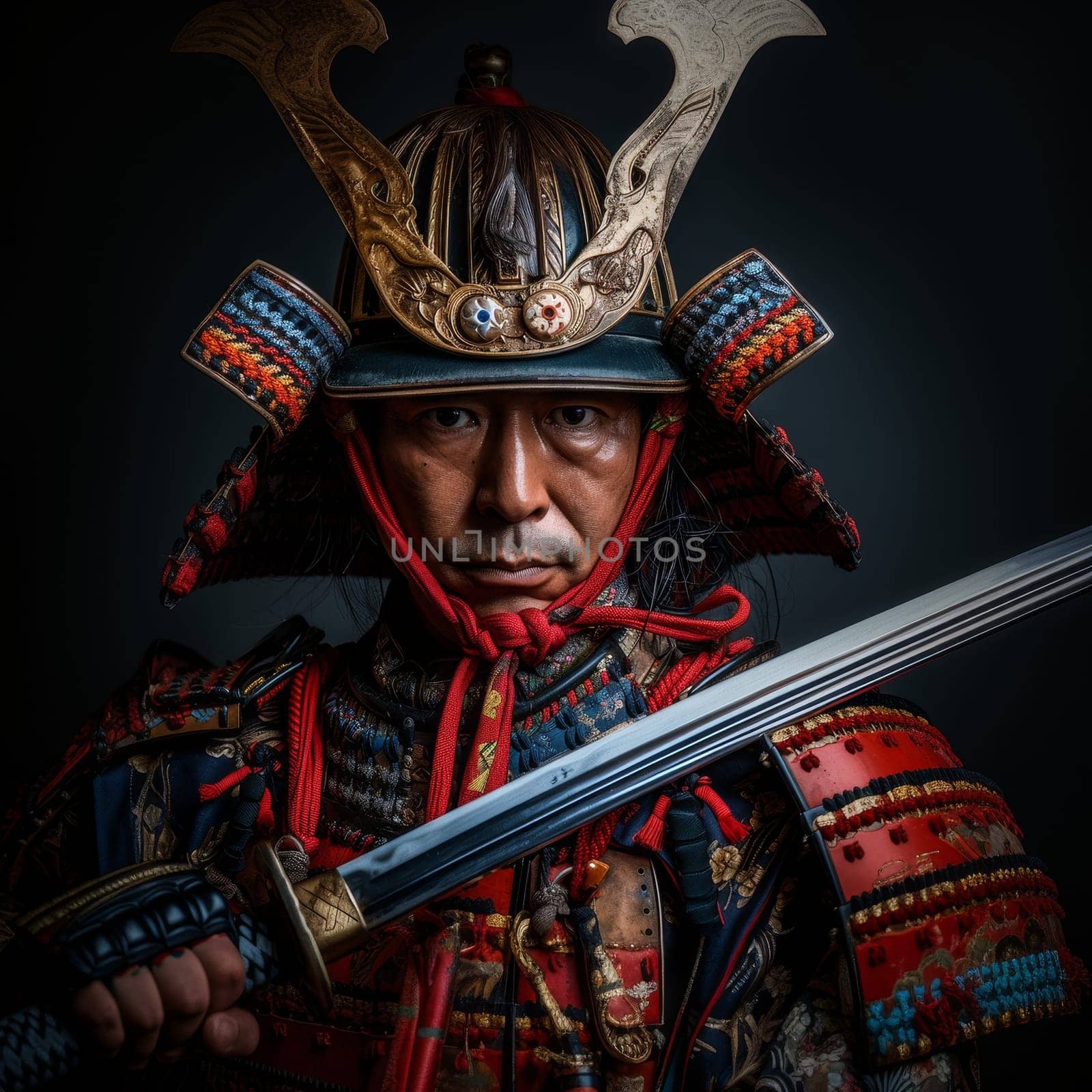 Fierce samurai in full regalia, gripping his sword with resolve, ready for combat