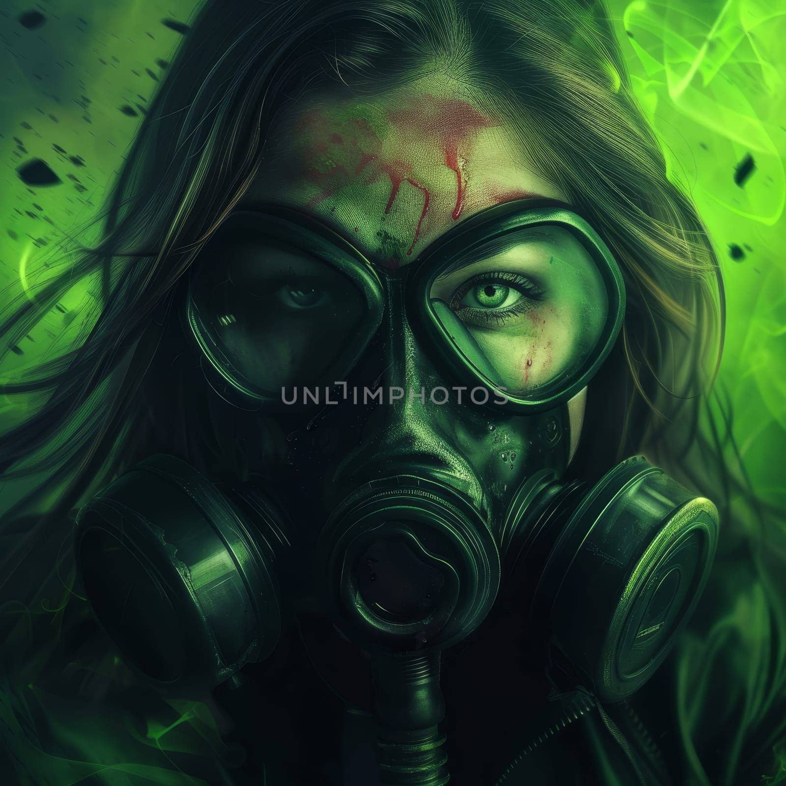 Close-up of a person wearing a gas mask with blood-stained forehead against a toxic green background