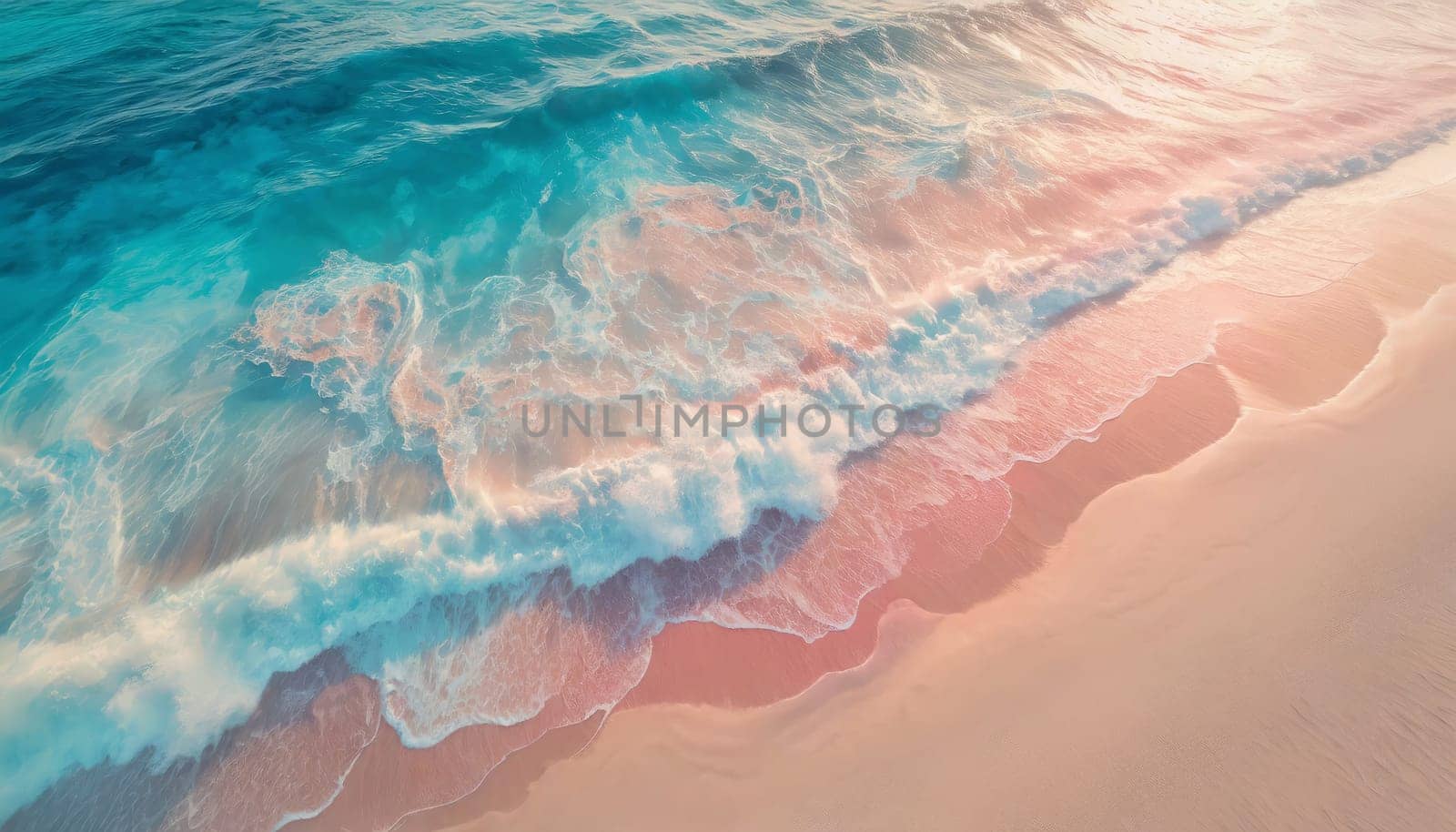 Pastel colors background of ocean foamy waves hitting the sandy beach. Exotic serene blue sea, tropical summer vacation seaside, holiday recreation concept, pink colors