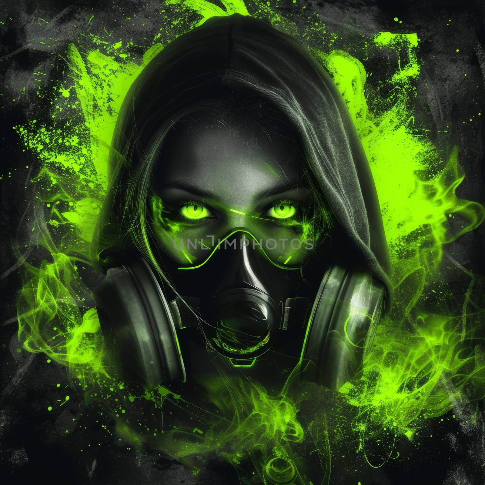 Artistic representation of a person in a hood and gas mask surrounded by neon green smoke