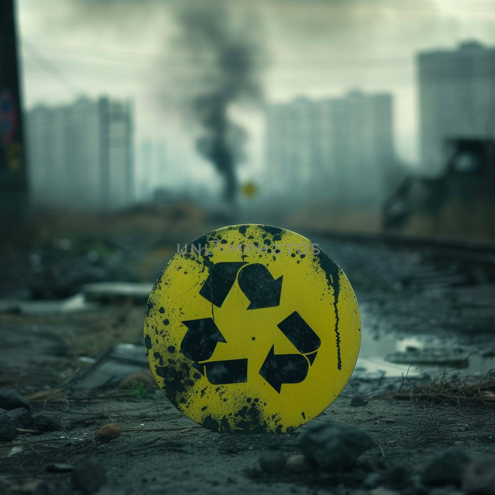 Yellow recycle symbol on a dirty ground with a desolate urban backdrop and smoky sky