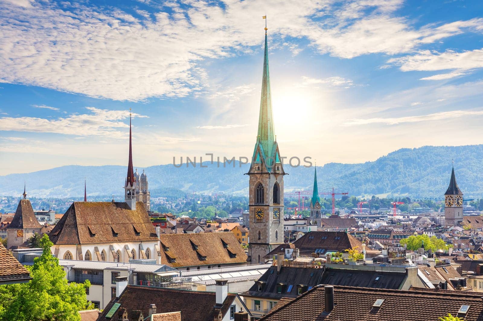 Skyline view on the roofs in the downtown of Zurich at sunny day, Switzerland.