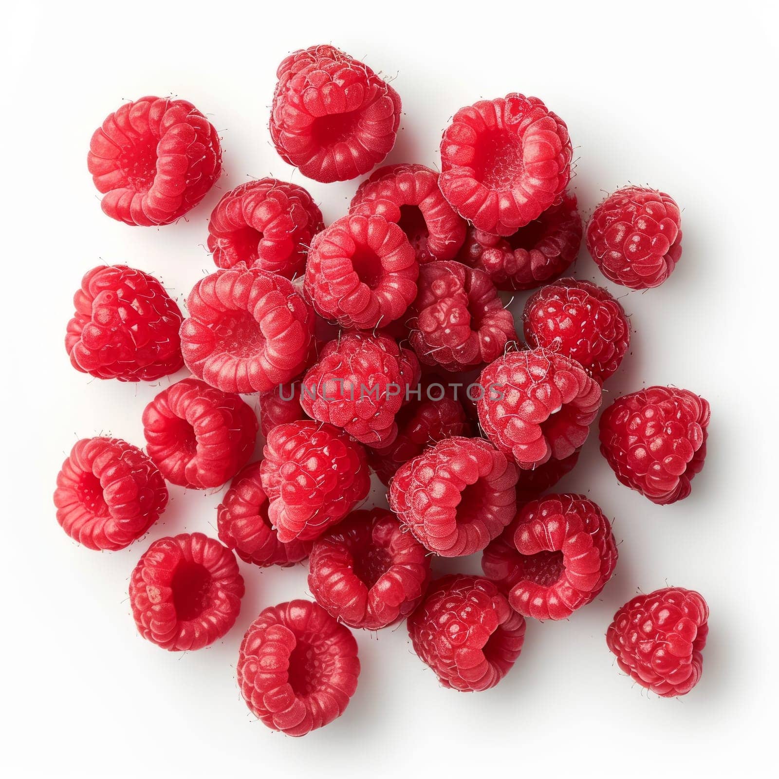 Close-up of fresh, juicy raspberries on a white background