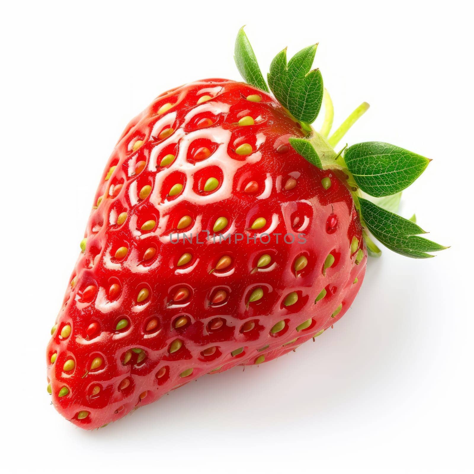 Bright red strawberry with green leaves isolated on a white background