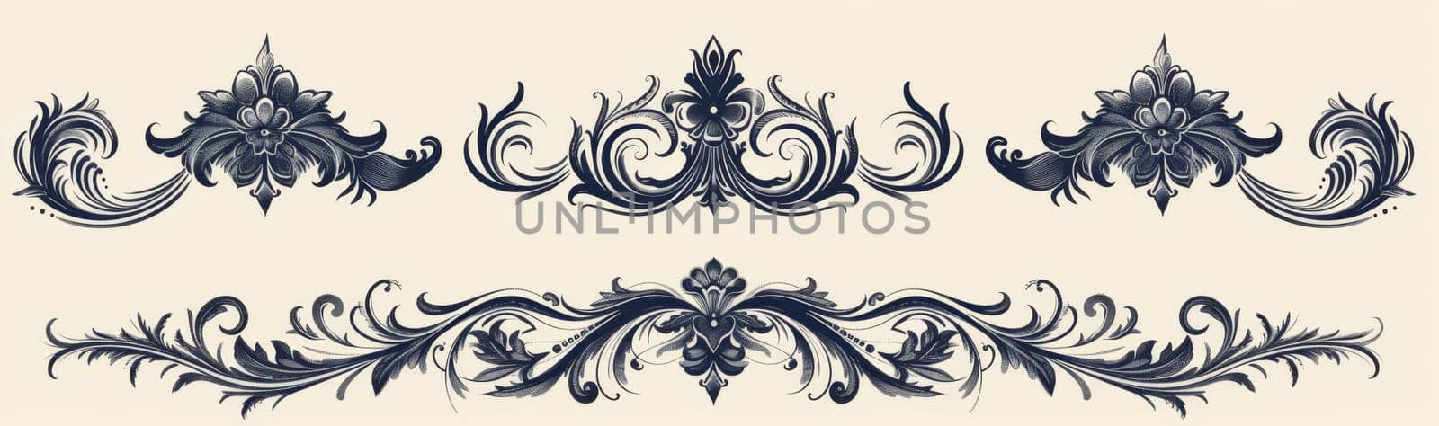 Vintage-inspired ornamental design featuring elaborate floral motifs and swirling patterns on a beige background