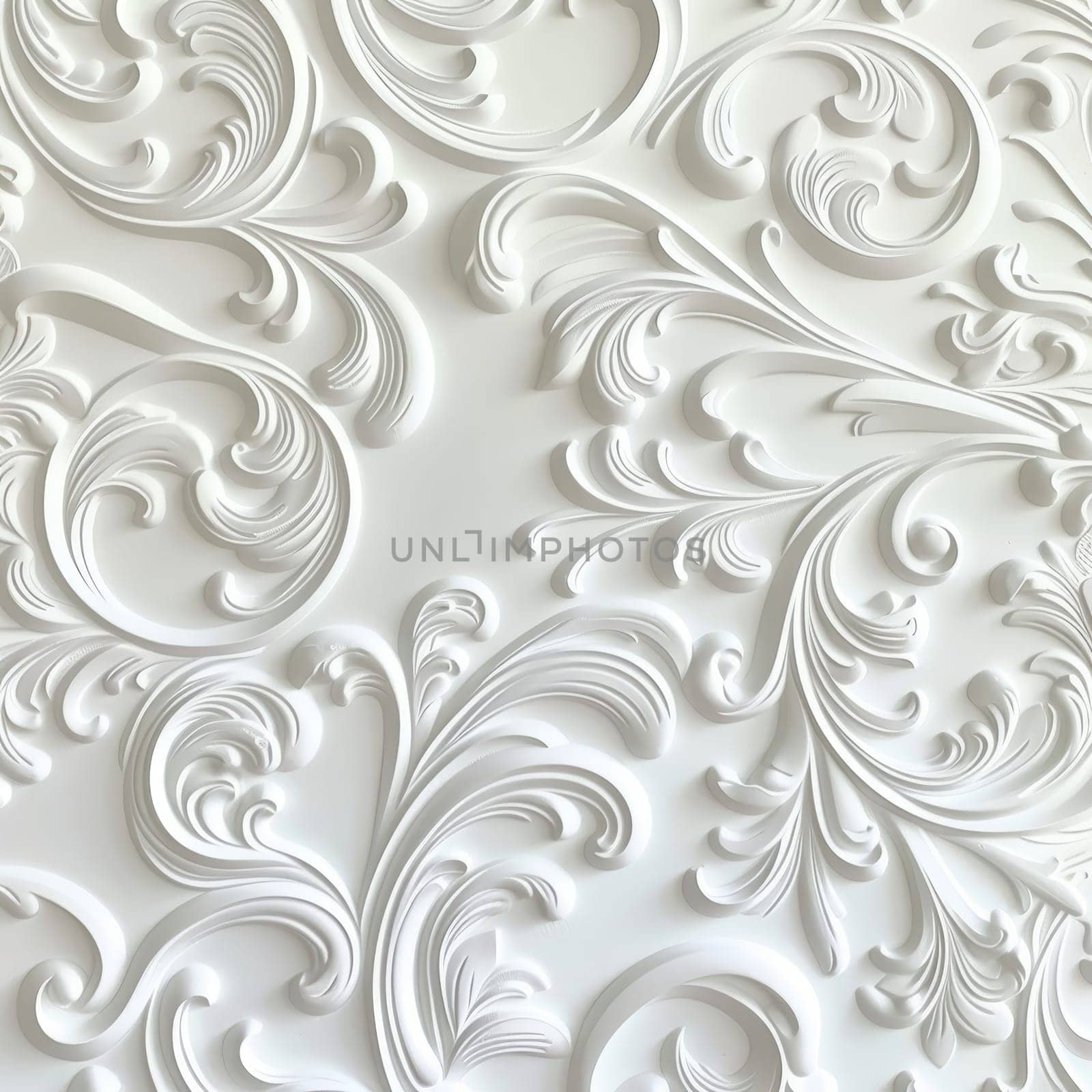 Elegant white ornamental wall relief with intricate patterns and swirls creating a luxurious decorative texture.