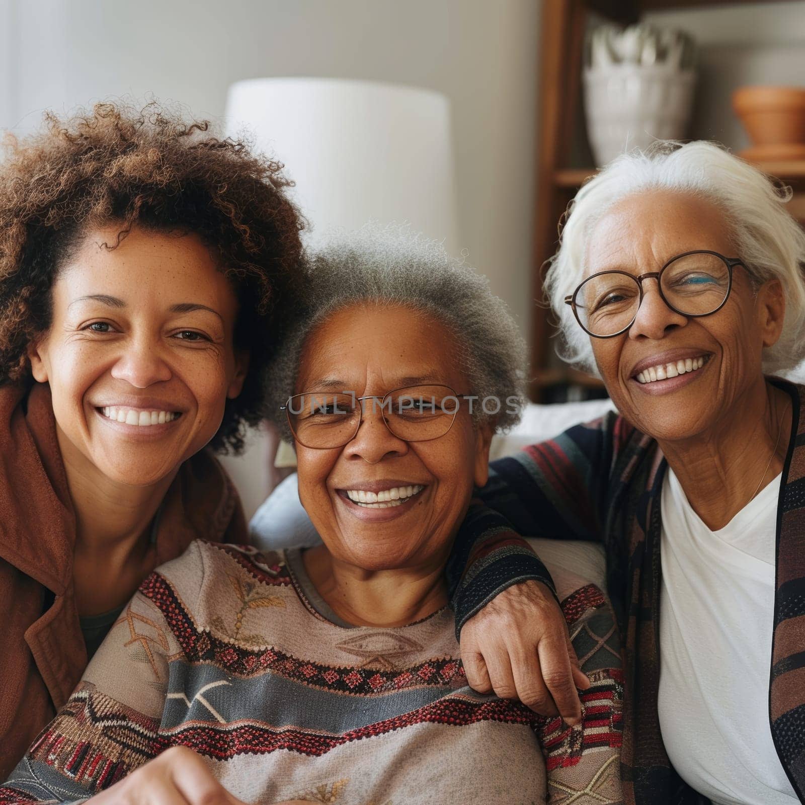 Three generations of women share a warm embrace, showcasing a strong family bond with joyful smiles in a cozy home setting