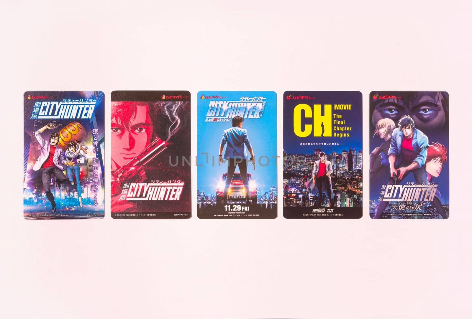 tokyo, japan - sep 20 2023: Collection of all Japanese movie tickets featuring anime movie poster designs between 2019 and 2024 from the manga series City Hunter also known as Nicky Larson in France.