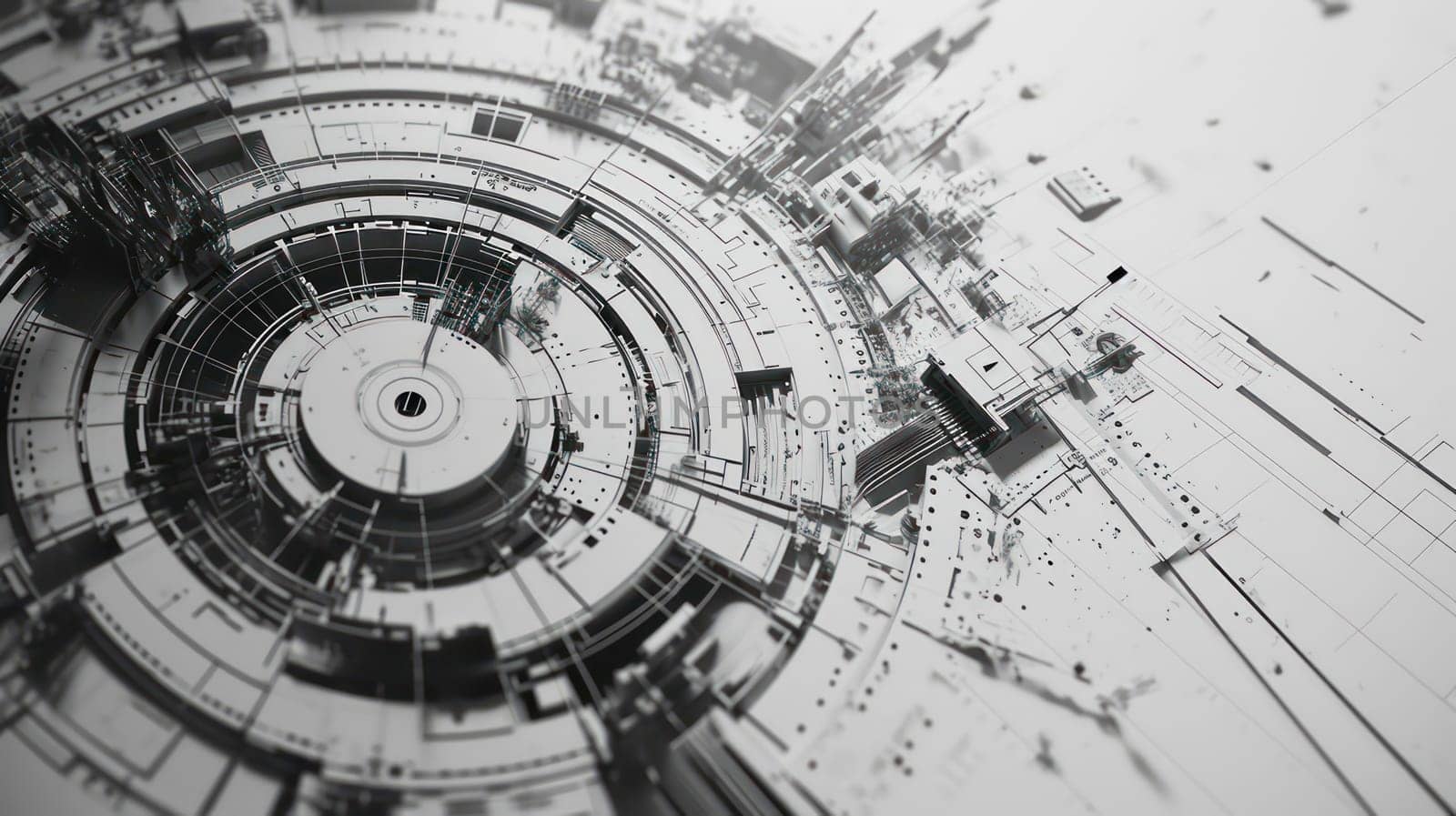 Monochrome hi-tech futuristic drawing concept art. Generative AI design