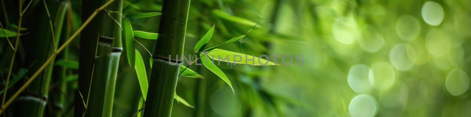 Vivid green bamboo stems and leaves morning background. Generative AI image