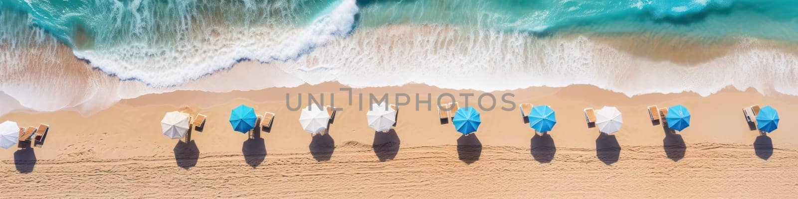 Beach sea line with sea surf and sand, top view. Generative AI image
