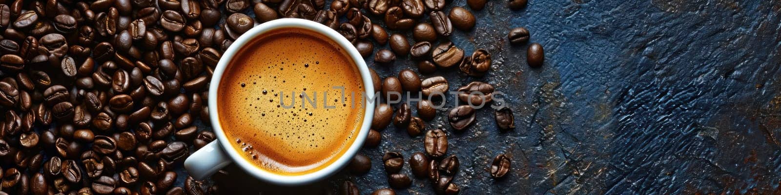 Roasted coffee beans and cup of coffee on stone table. Generative AI image