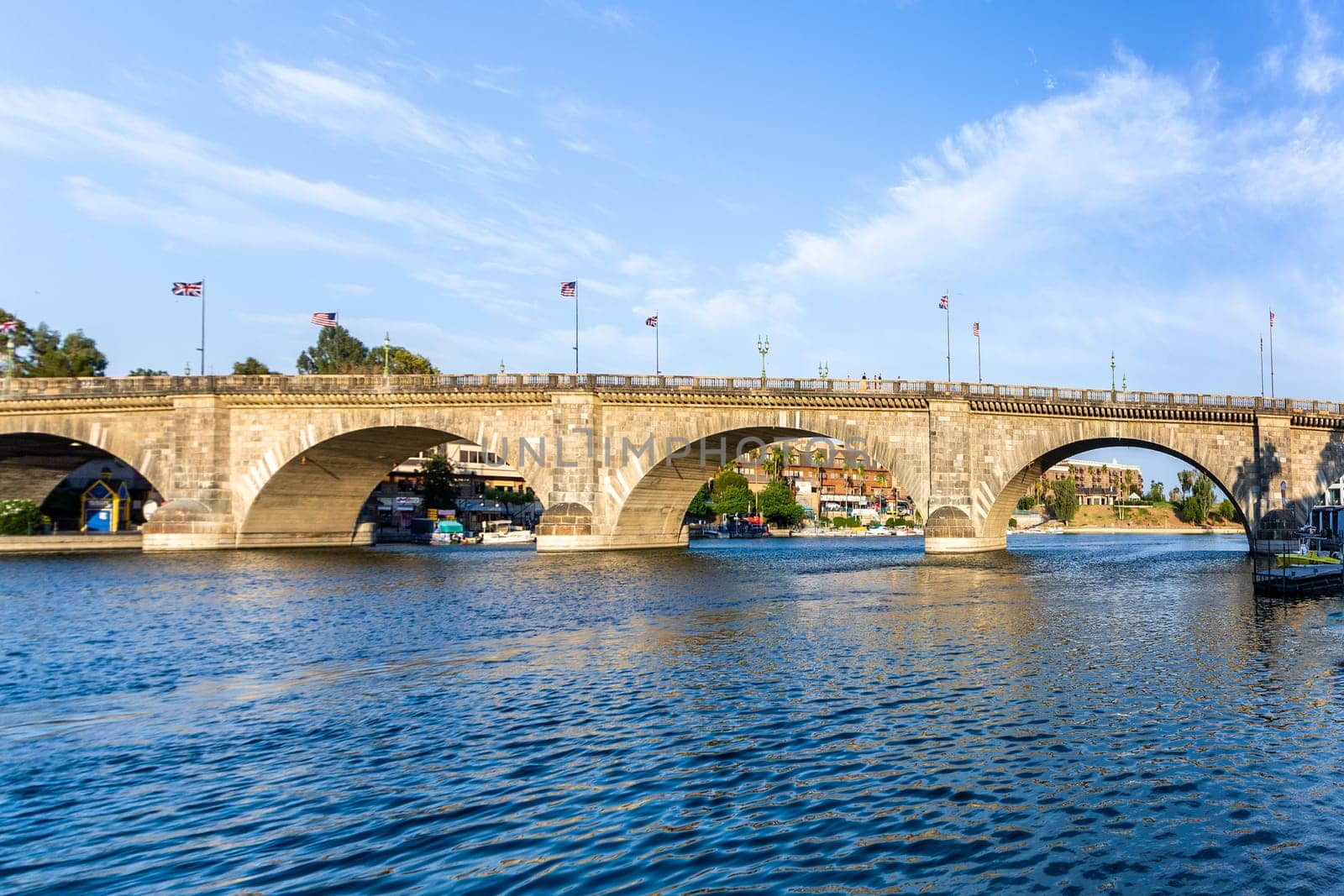 London Bridge in Lake Havasu, old historic bridge rebuilt with original stones, USA