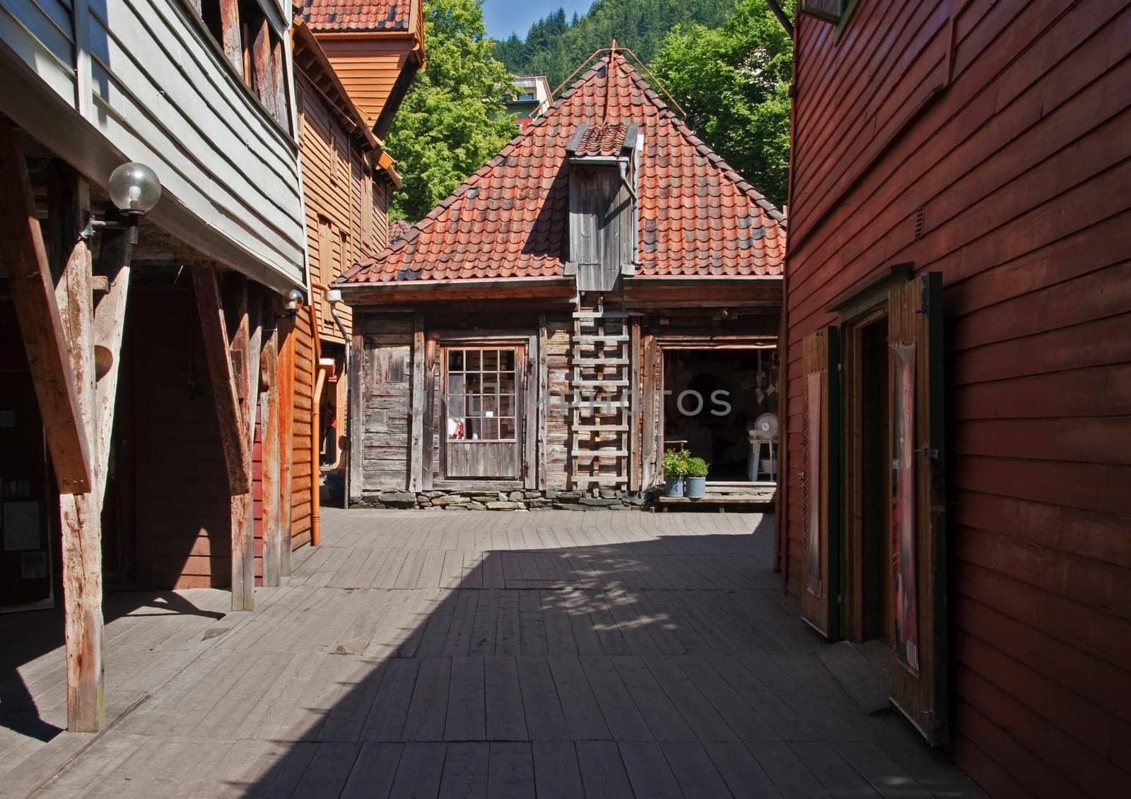 scenic street view with historic wooden houses at the Lofoten islands in Europe, Norway