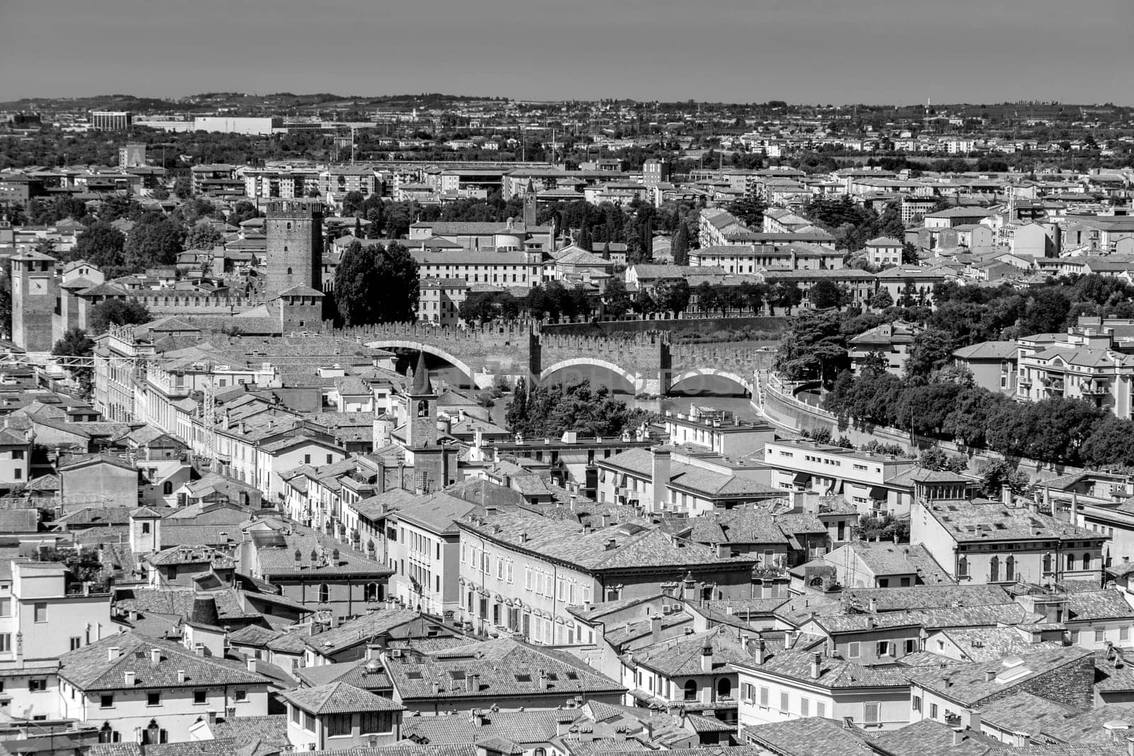 skyline of the beautiful Italian city Verona from Torre dei Lamberti to river Etsch with Ponte Scaligero Italy