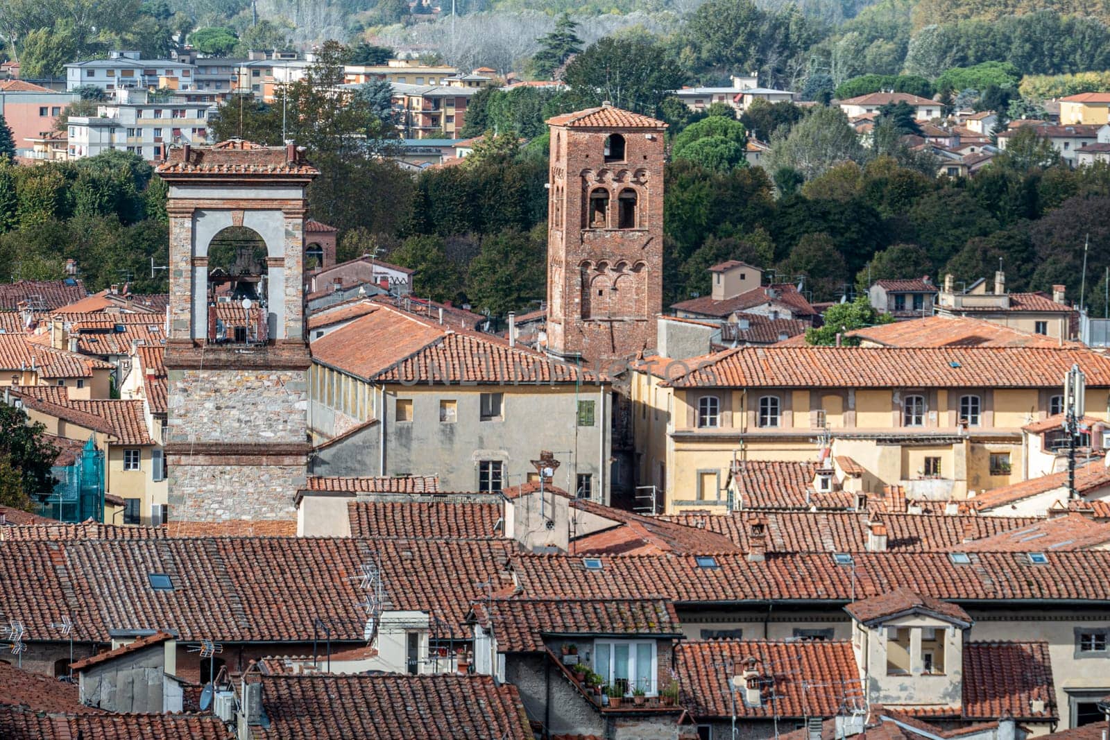 scenic skyline of Lucca with view to cathedral and the market square, Italy