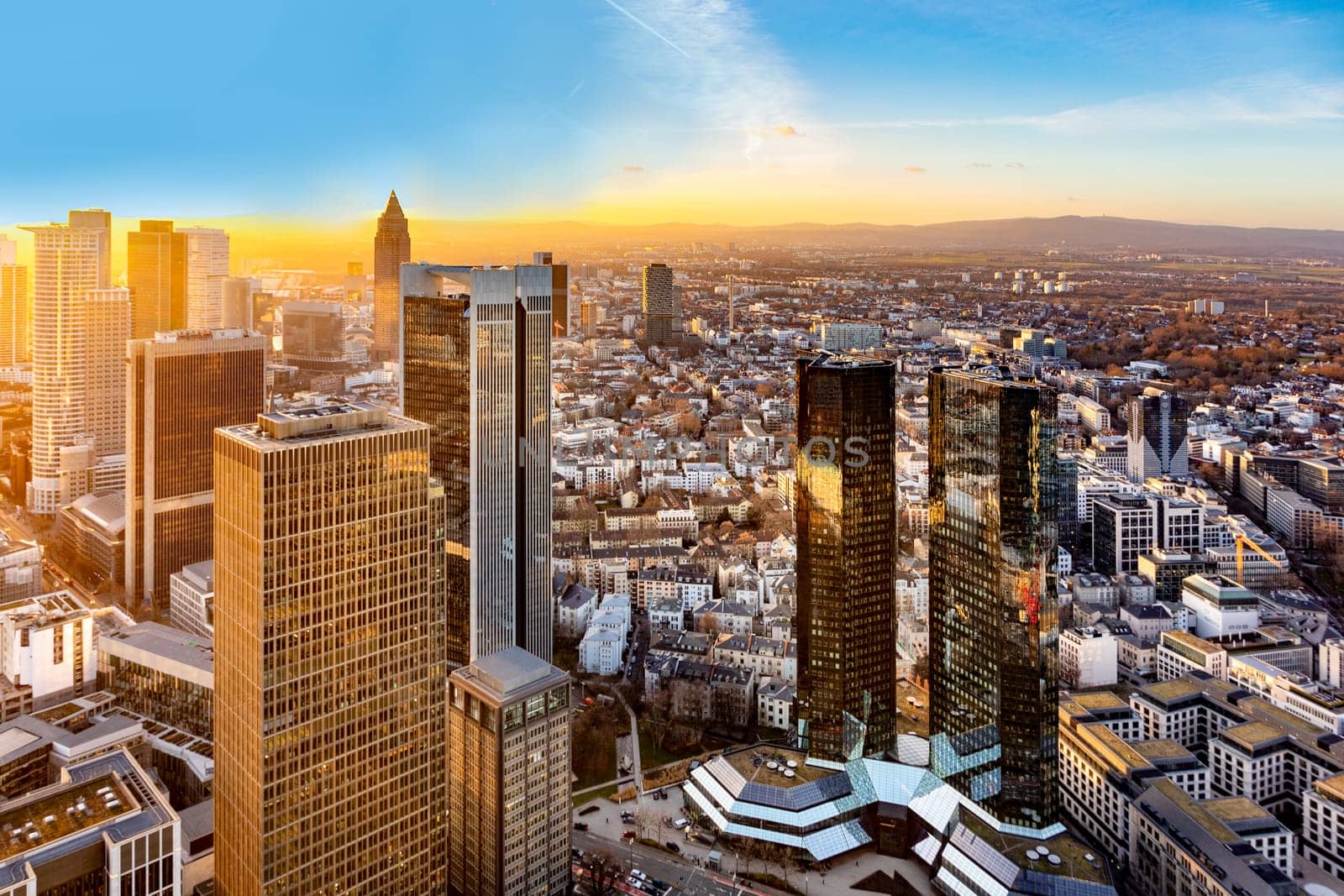 scenic aerial view to skyline of Frankfurt with skyscraper in dawn