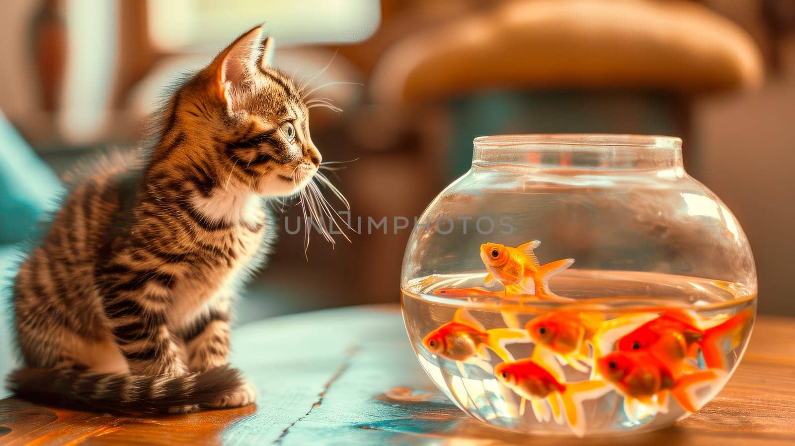 A beautiful fluffy cat looking at a goldfish in an aquarium on the table. AI generated