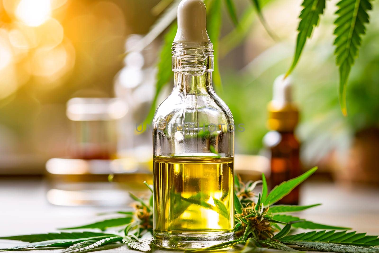 Glass bottle with CBD oil.Concept of herbal alternative medicine, pharmaceutical industry. AI generated