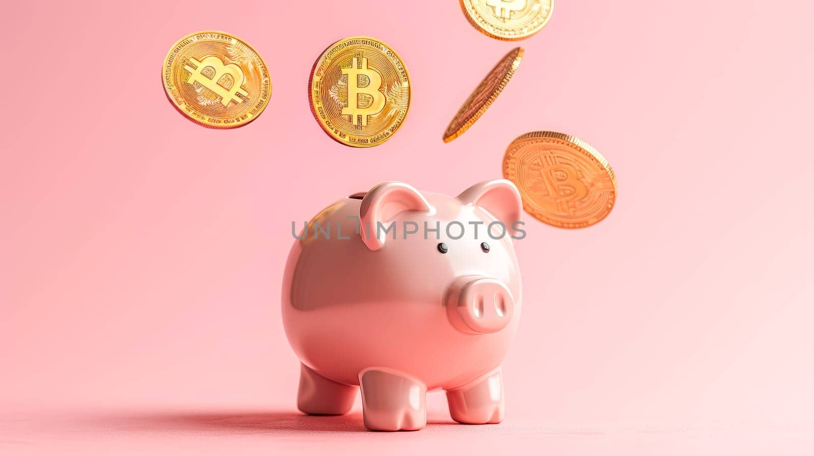 Piggy bank with falling bitcoins on a pink background. Concept on the topic of storing money in digital currency. AI generated