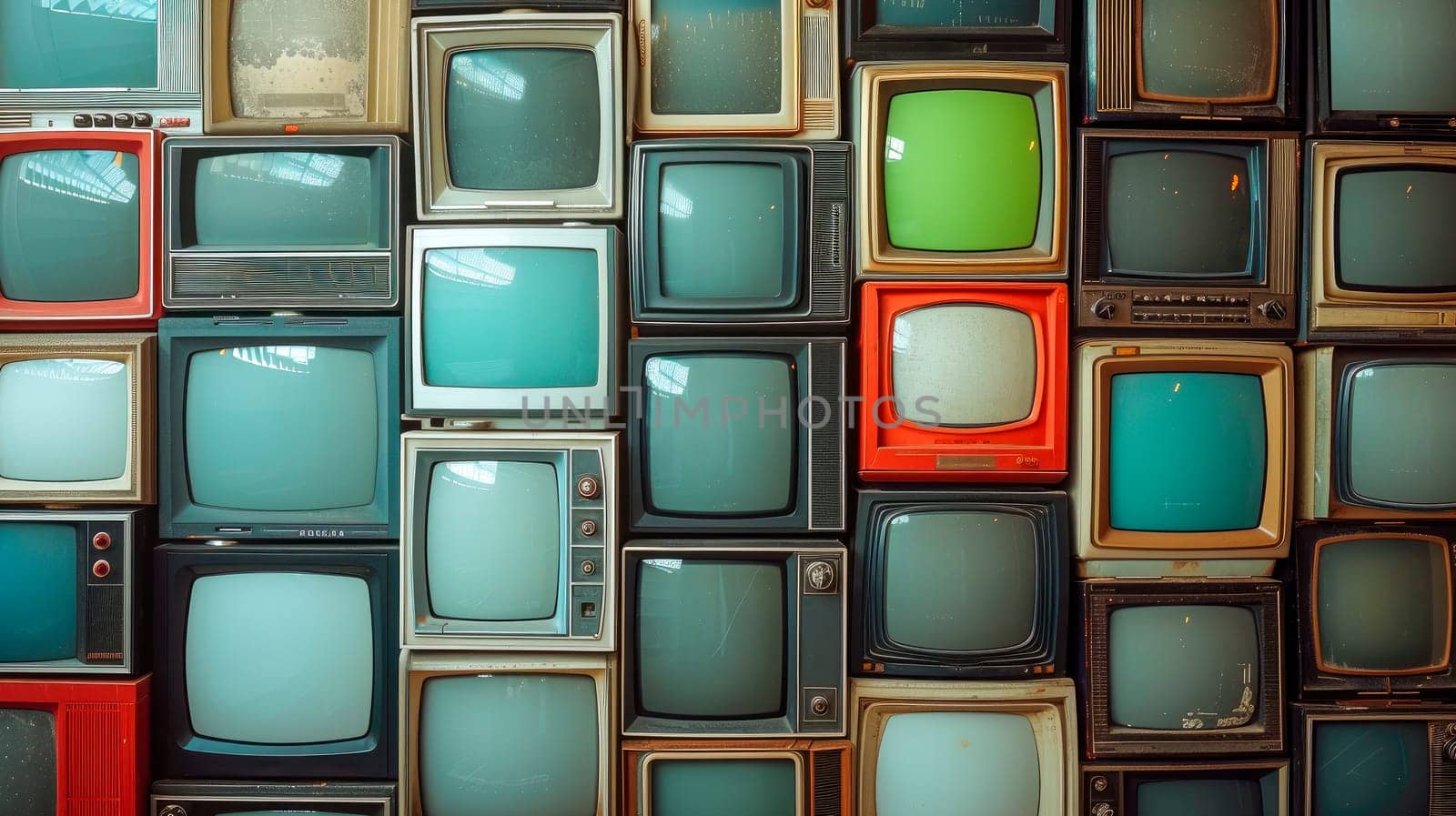 Old TV stacked on top. Multicolored old TVs are stacked. They are outdated technology. AI generated