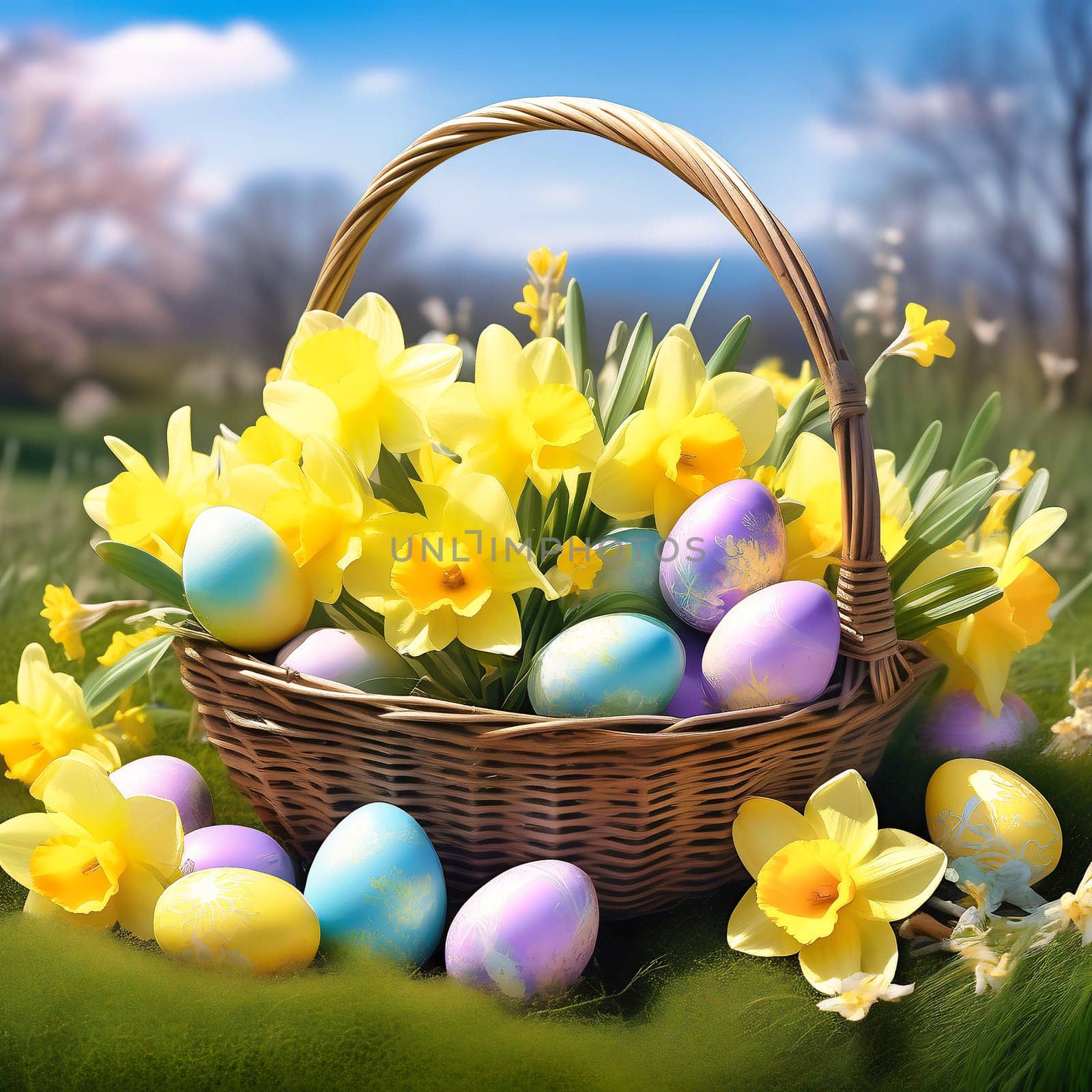 Easter basket with Easter eggs on a green meadow. Daffodils are blooming yellow. Easter generated with AI. Illustration