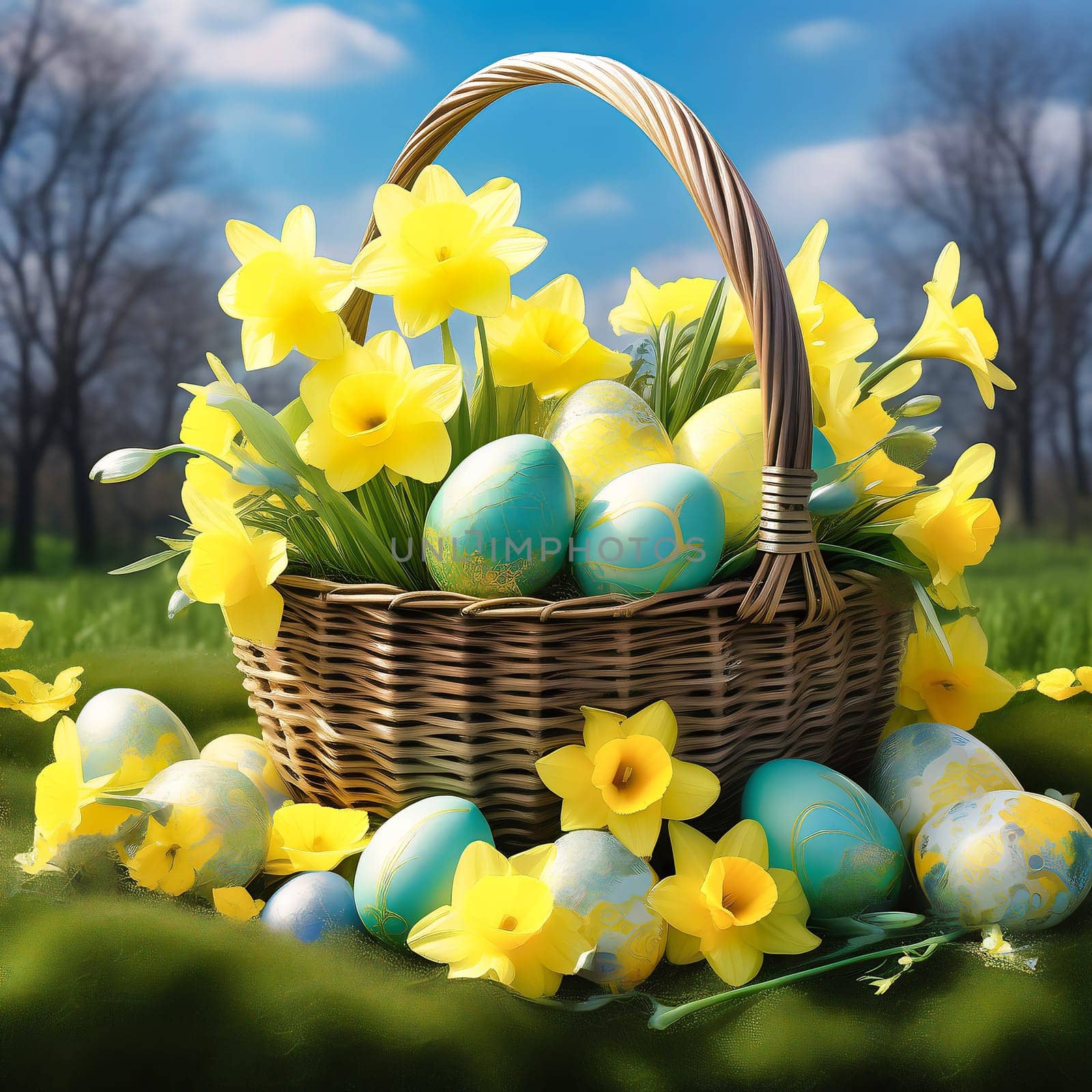 Easter basket with Easter eggs on a green meadow. Daffodils are blooming yellow. Easter generated with AI. Illustration