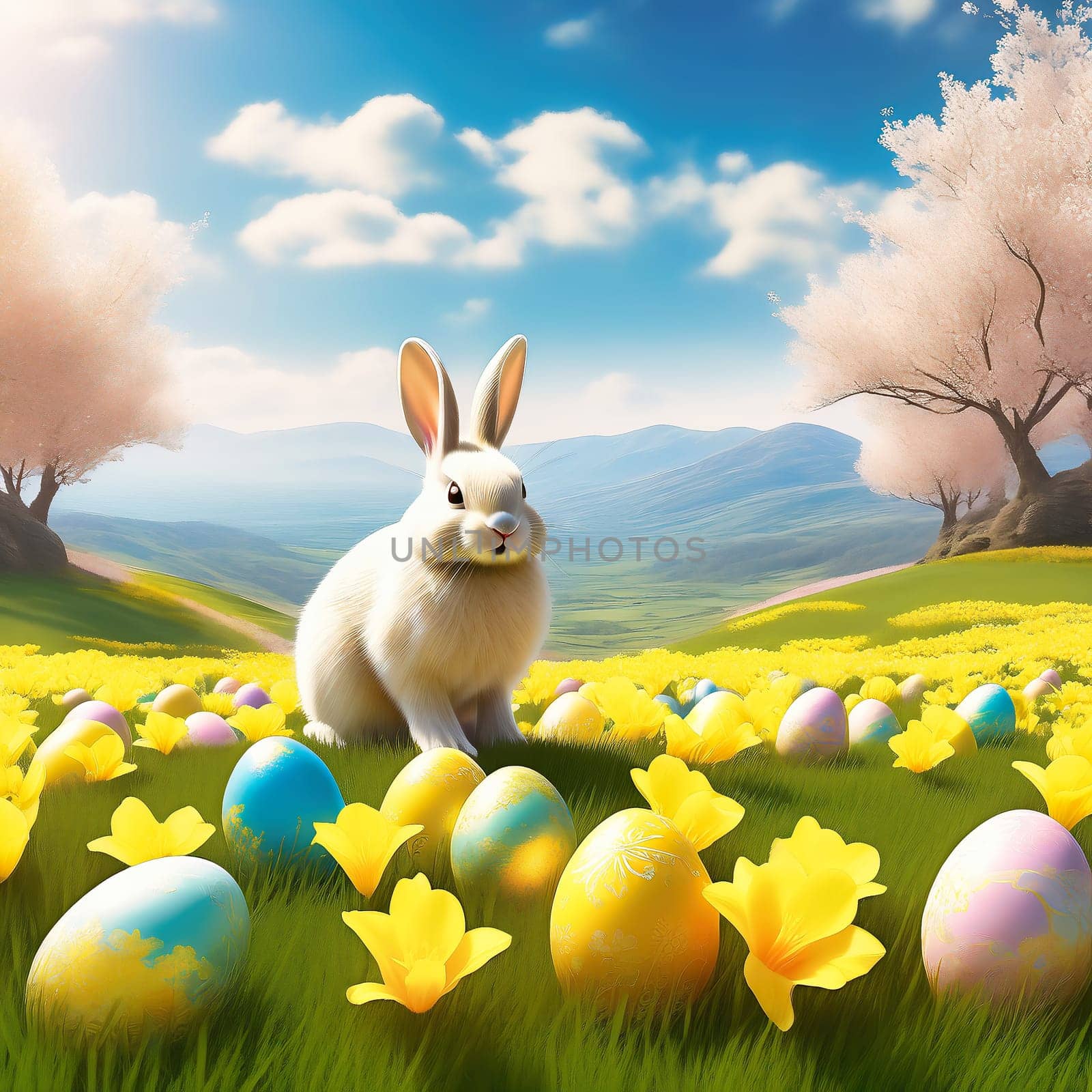 Easter bunny with Easter eggs on a green meadow. Daffodils are blooming yellow. Easter generated with AI. Illustration