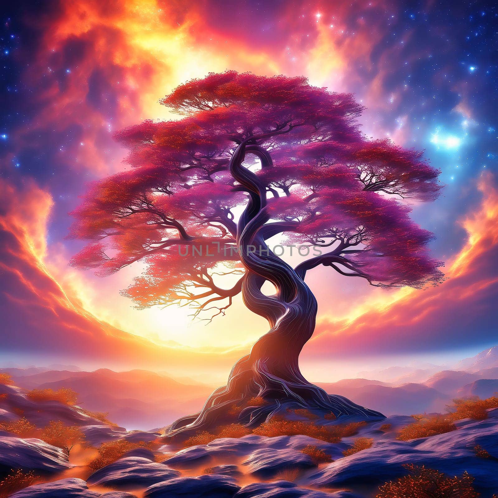 Fantasy tree in front of a starry sky with colorful clouds in the universe. AI generated image. Bright colors with old tree on a hill.