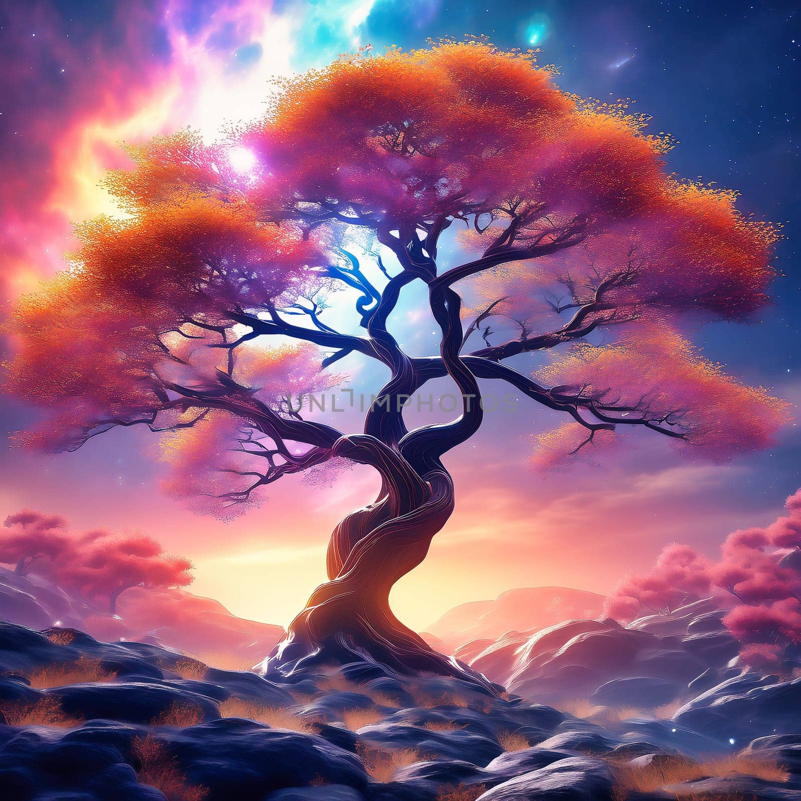 Fantasy tree in front of a starry sky with colorful clouds in the universe. AI generated image. Bright colors with old tree on a hill.