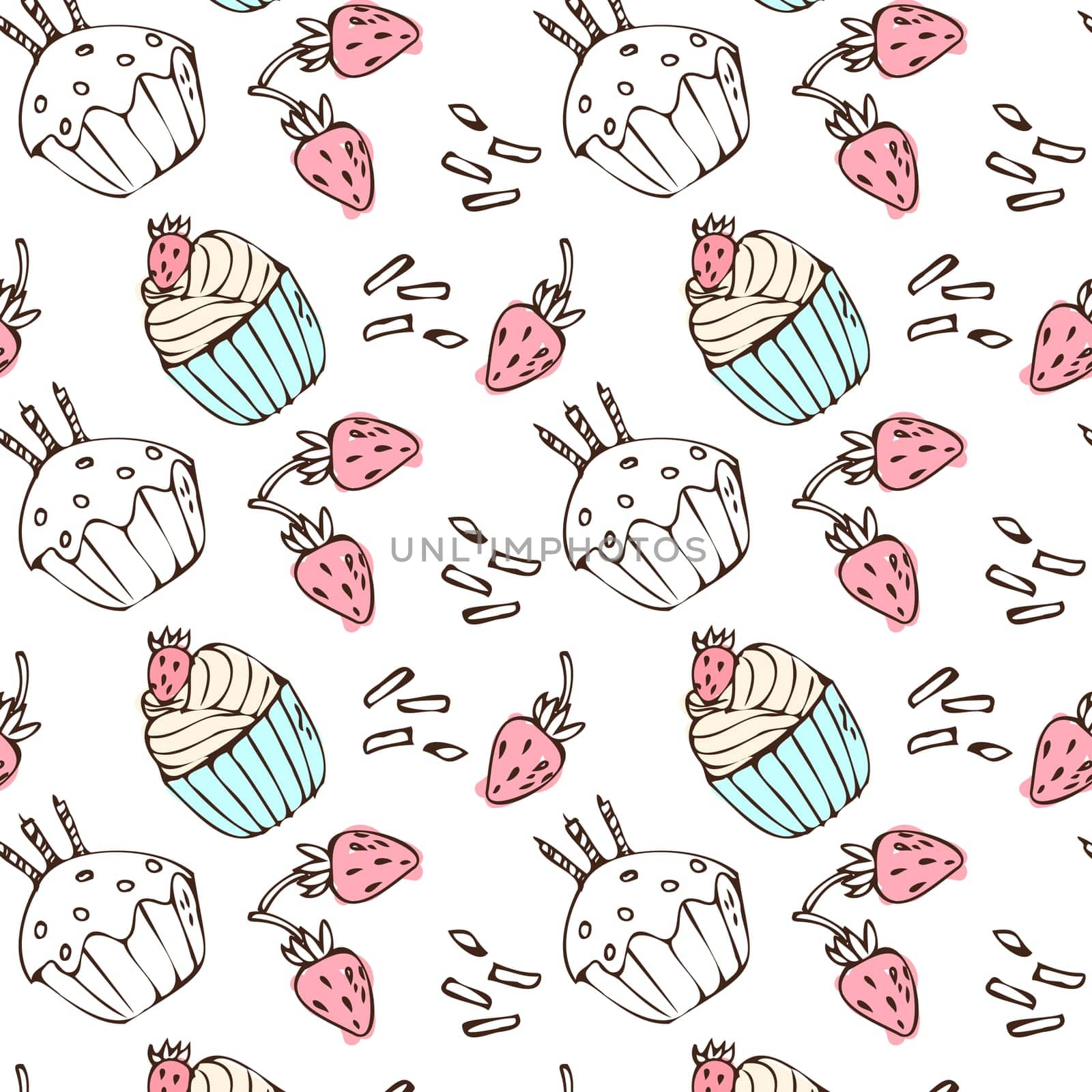 Hand drawn cupcake and berry background for bakery. Vector illustration isolated. Pattern can used for greeting card, invitation, menu background, poster, textile, wrapping paper, celebration banner