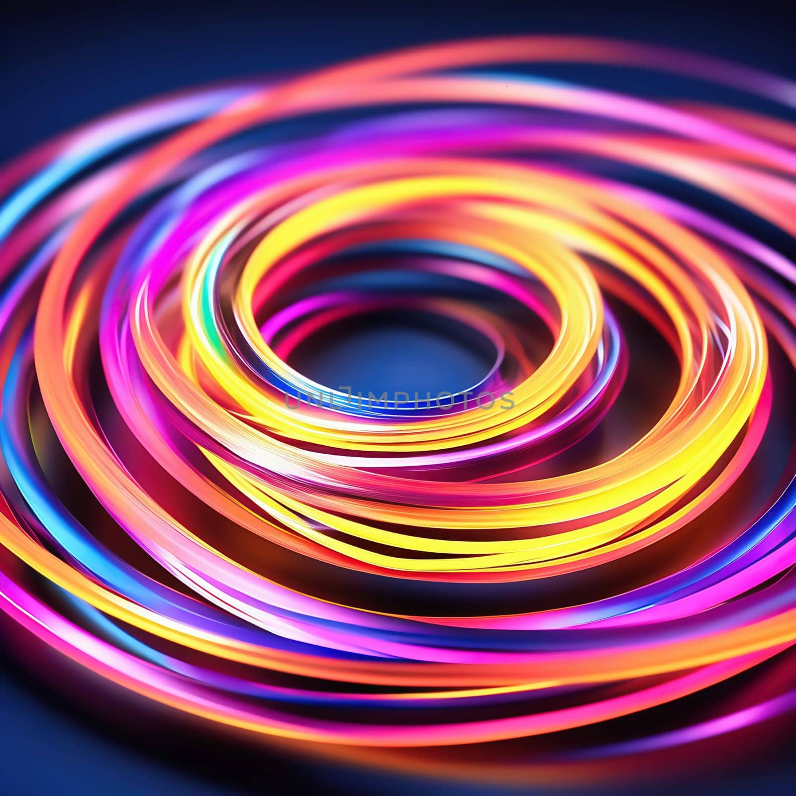 3d render. Abstract panoramic background of twisted dynamic neon lines glowing in the dark room with floor reflection. Virtual fluorescent ribbon loop.