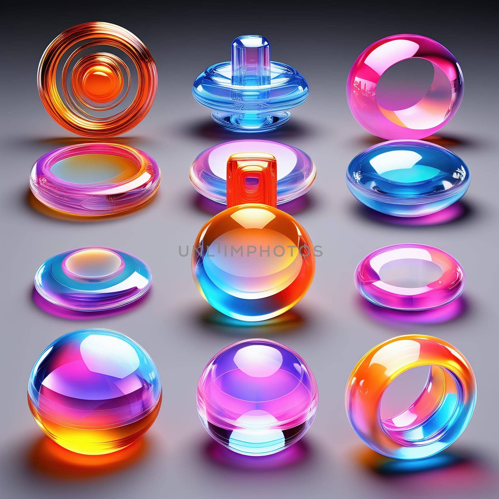 3d render. Neon glowing glass shapes on a virtual dark background. Futuristic graphic rendering. Luminous elements