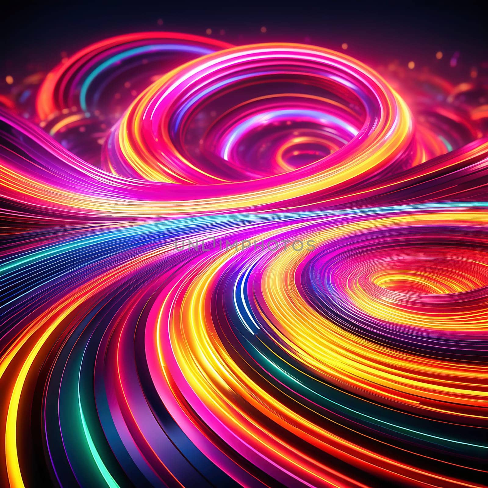 3d render. Abstract panoramic background of twisted dynamic neon lines glowing in the dark room with floor reflection. Virtual fluorescent ribbon loop.