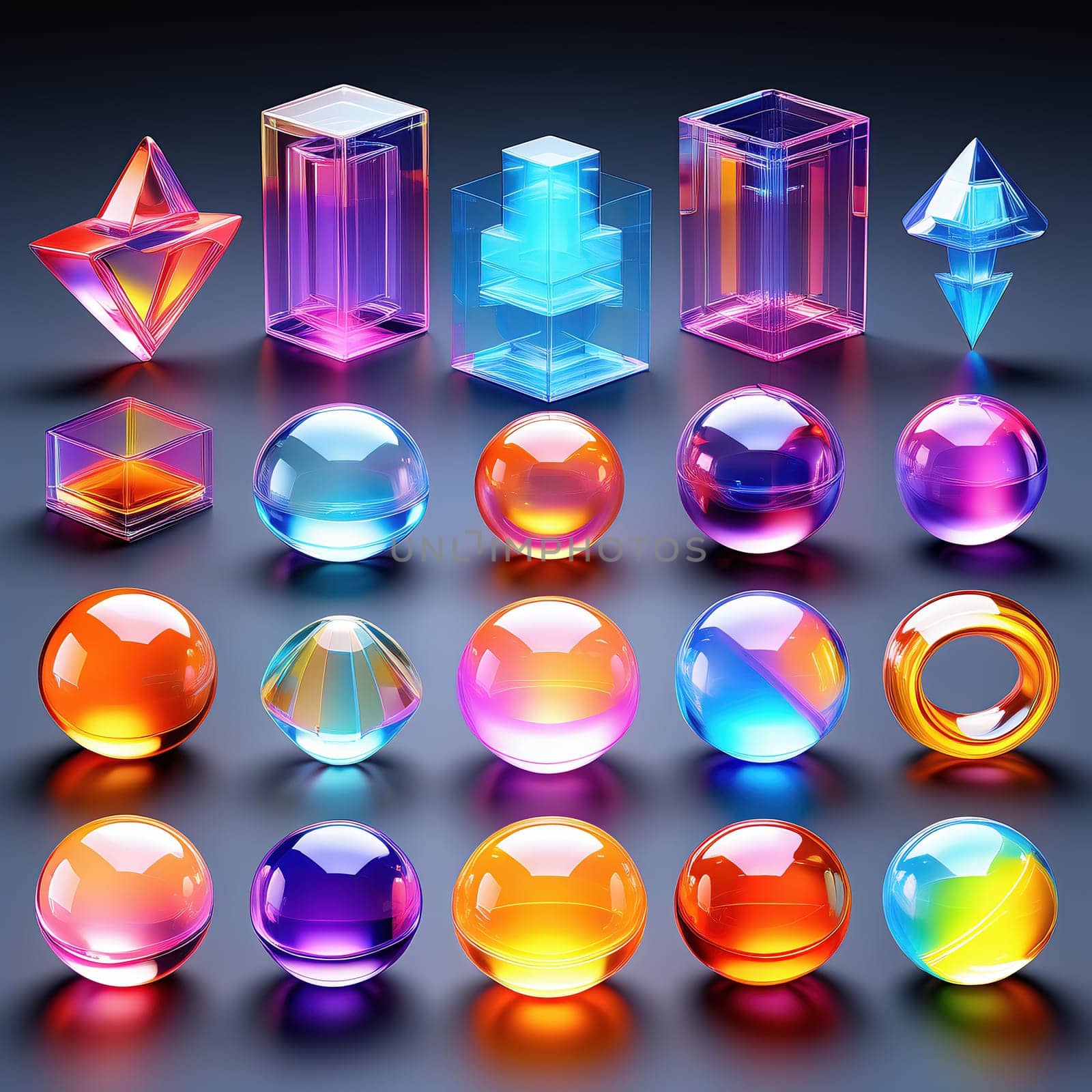 3d render. Neon glowing glass shapes on a virtual dark background. Futuristic graphic rendering. Luminous elements
