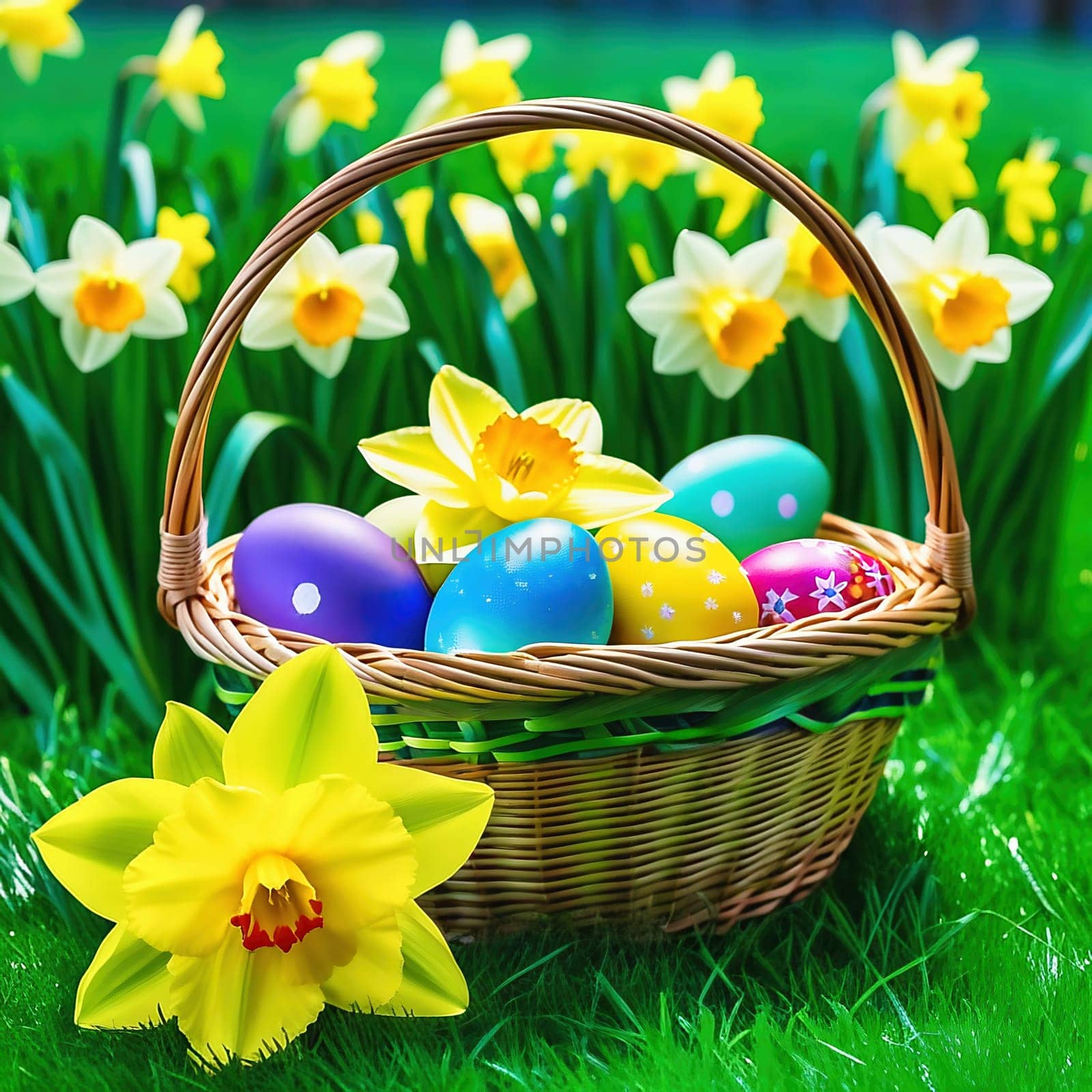 Easter basket with Easter eggs on a green meadow. Daffodils are blooming yellow. Easter generated with AI. Illustration