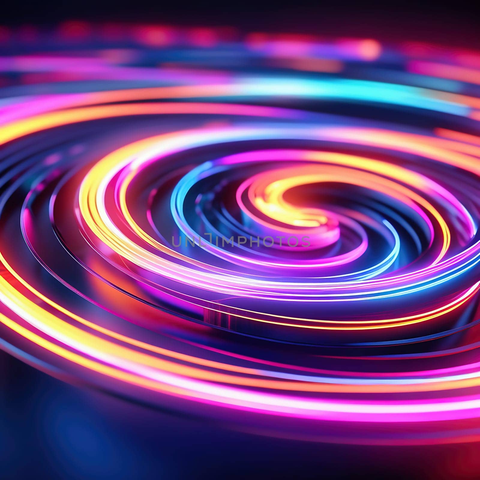 3d render. Abstract panoramic background of twisted dynamic neon lines glowing in the dark room with floor reflection. Virtual fluorescent ribbon loop.