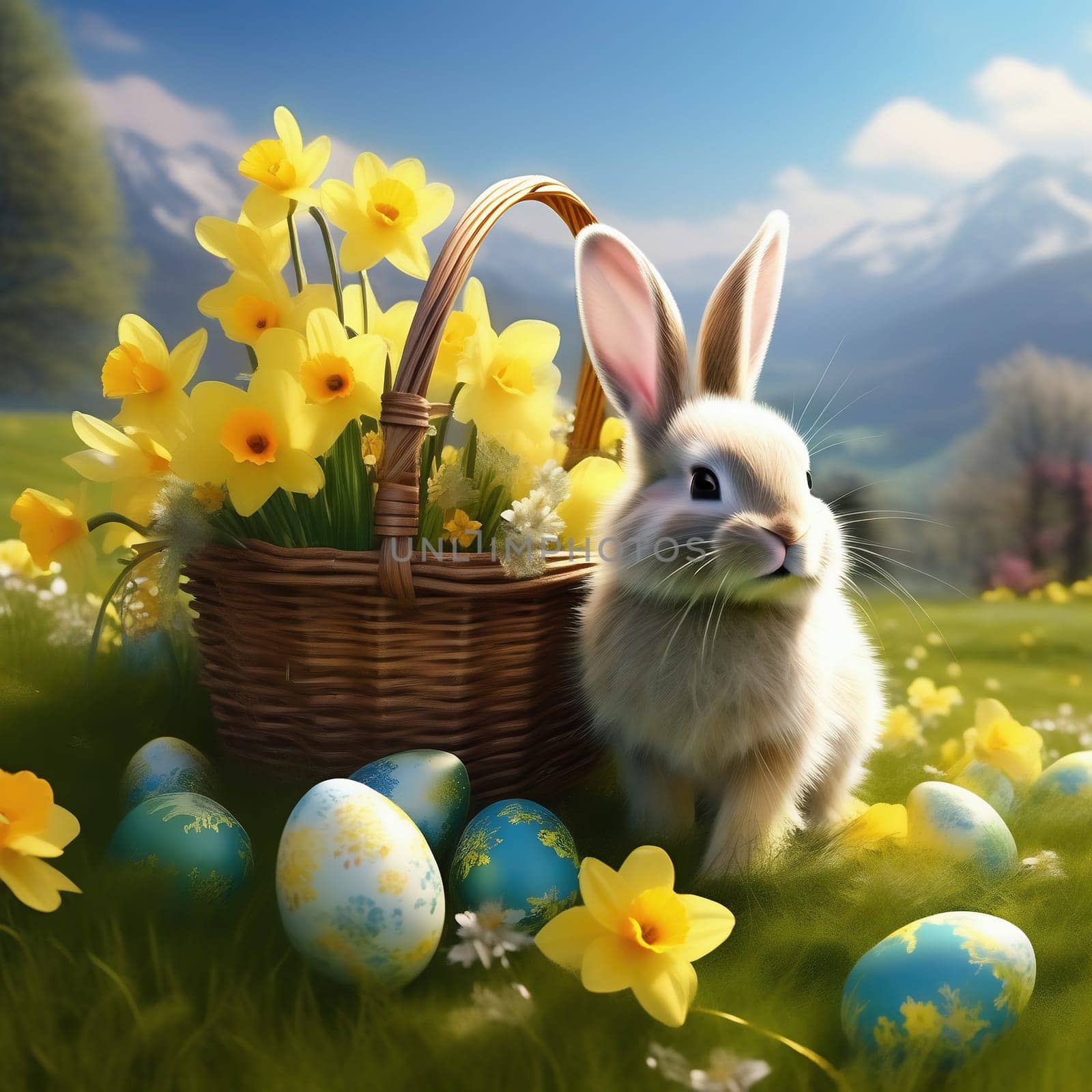 Easter bunny in an Easter basket with Easter eggs on a green meadow. Daffodils are blooming yellow. Easter generated with AI. Illustration