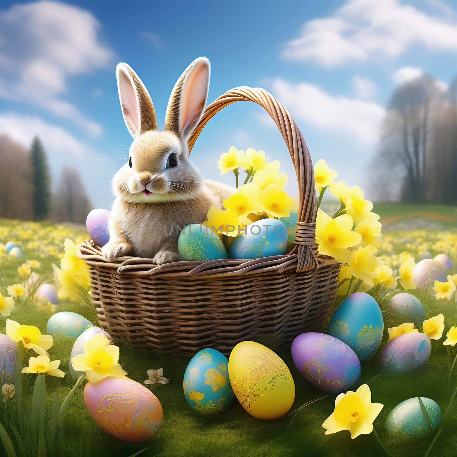 Easter bunny in an Easter basket with Easter eggs on a green meadow. Daffodils are blooming yellow. Easter generated with AI. Illustration