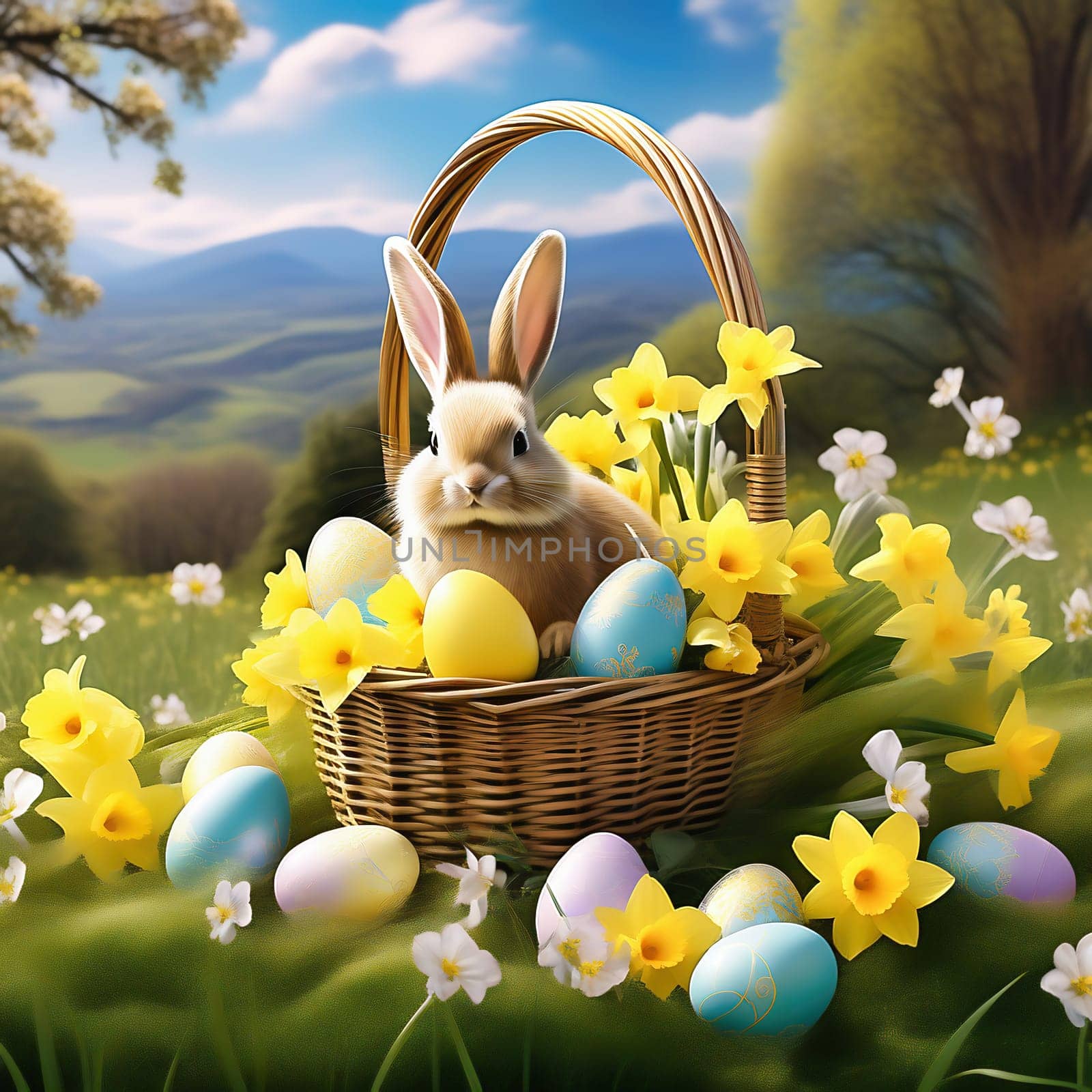 Easter bunny in an Easter basket with Easter eggs on a green meadow. Daffodils are blooming yellow. Easter generated with AI. Illustration