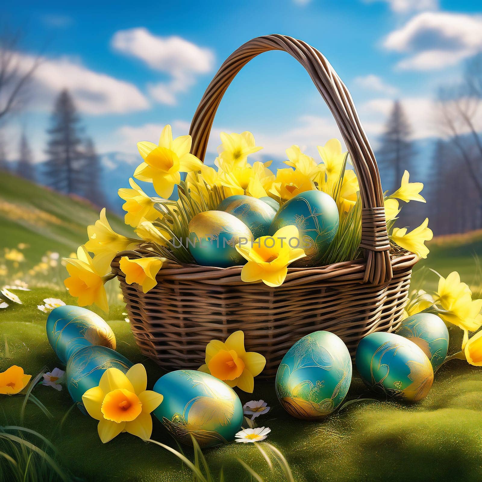 Easter basket with Easter eggs on a green meadow. Daffodils are blooming yellow. Easter generated with AI. Illustration