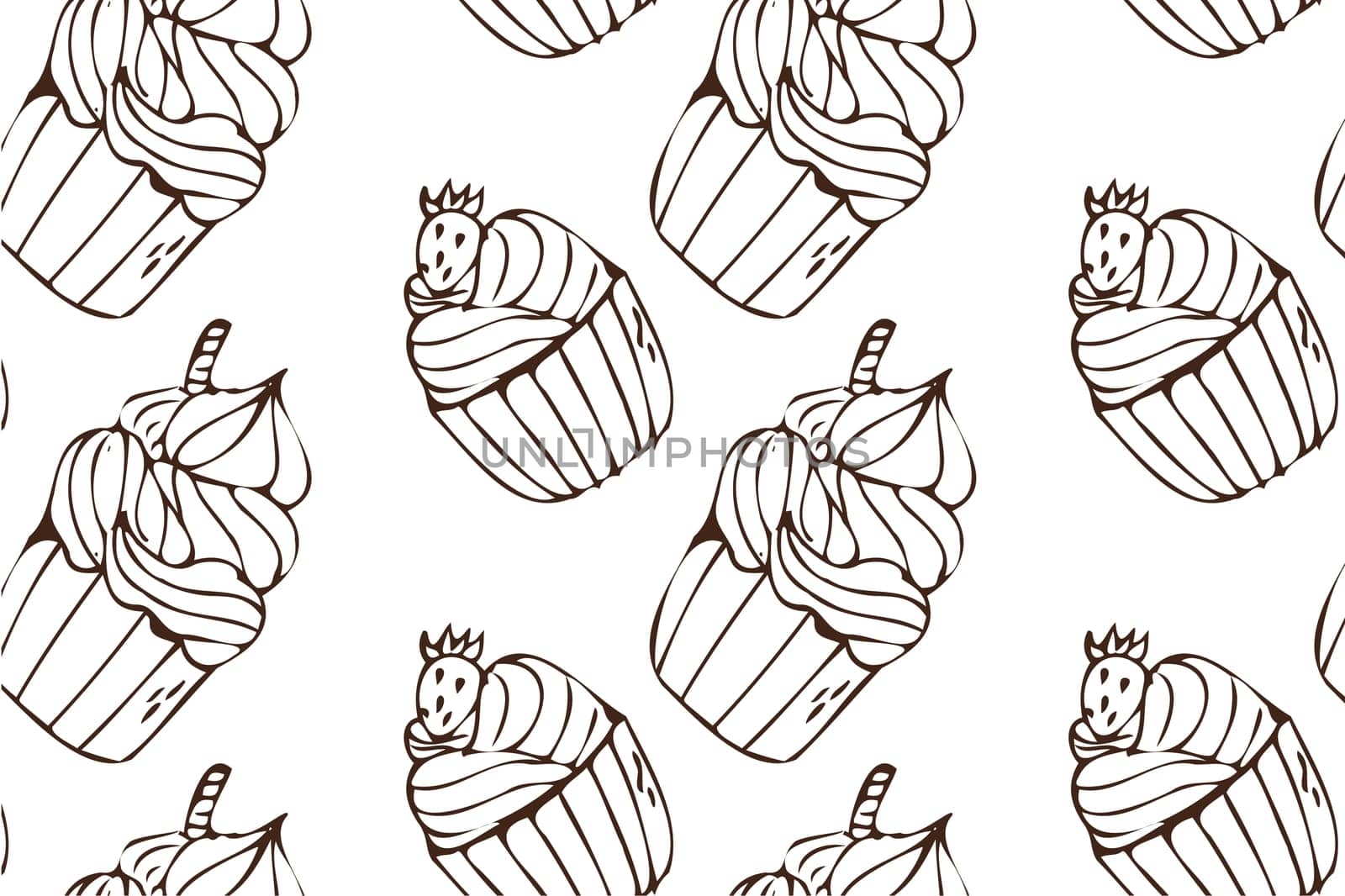 Hand drawn cupcake outline background with strawberry and cookie. Vector illustration isolated. Pattern can used for greeting card, invitation, menu background, poster, textile, wrapping paper, celebration banner