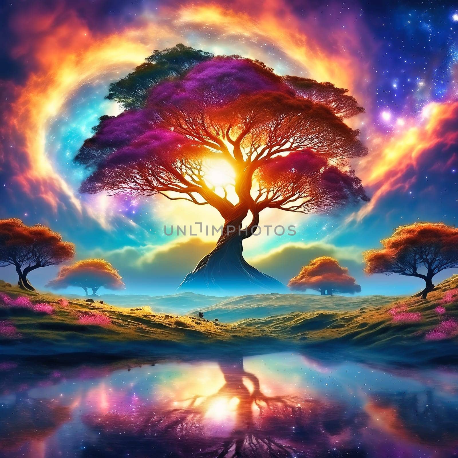 Fantasy tree in front of a starry sky with colorful clouds in the universe. AI generated image. Bright colors with old tree on a hill.