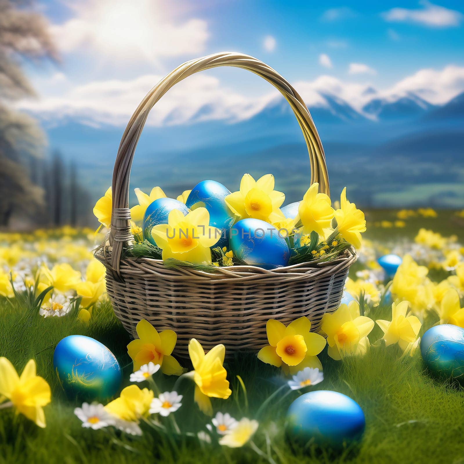 Easter basket with Easter eggs on a green meadow. Daffodils are blooming yellow. Easter generated with AI. Illustration