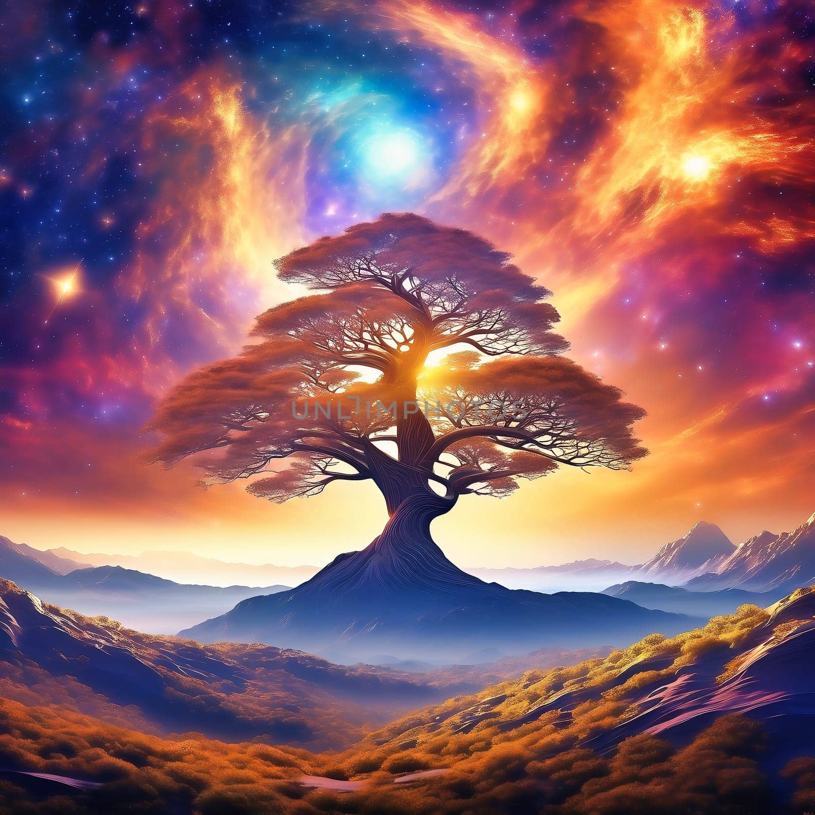 Fantasy tree in front of a starry sky with colorful clouds in the universe. AI generated image. Bright colors with old tree on a hill.