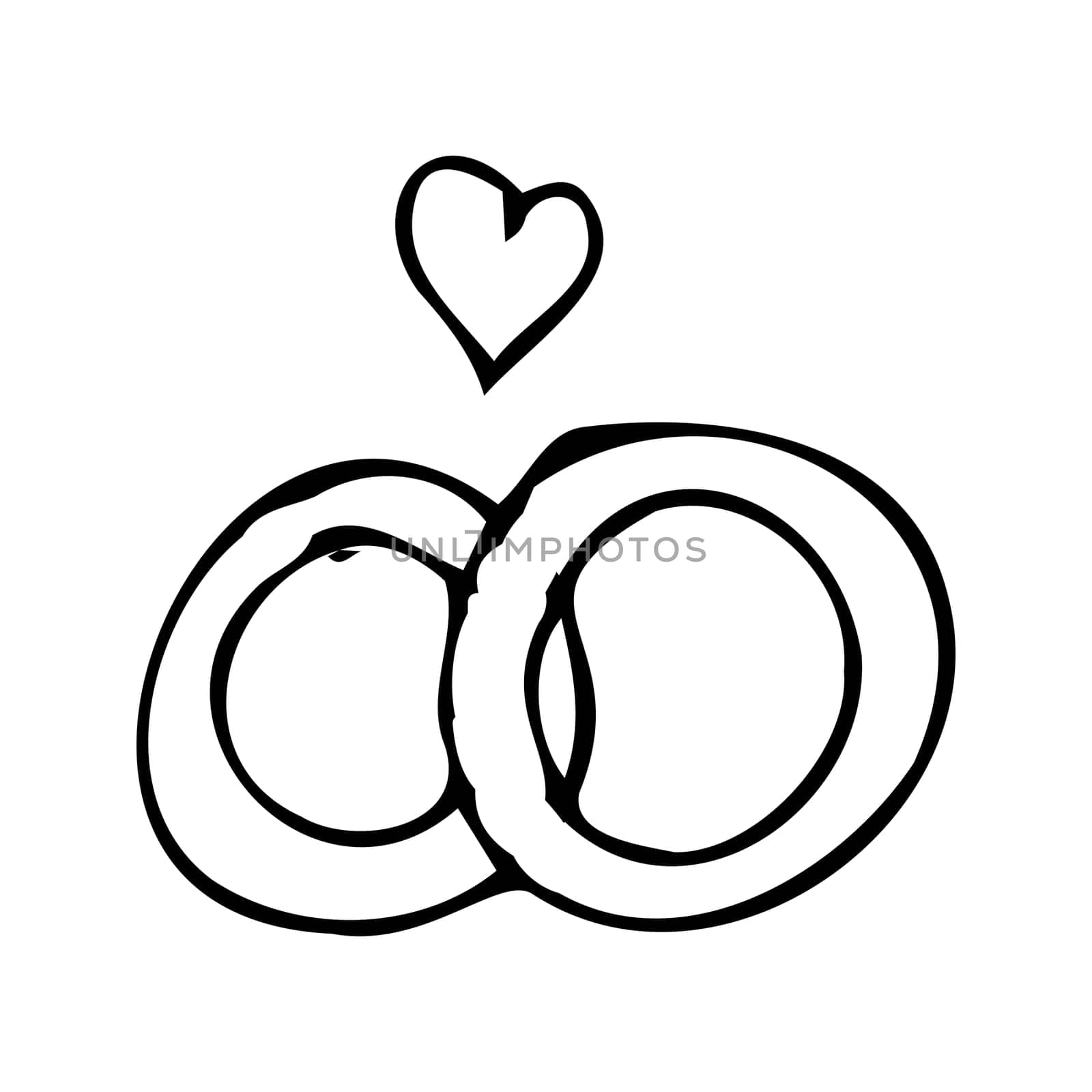 hand drawn doodle sketch of wedding rings for pair and heart. Vector illustration isolated. Doodle drawing icon can used for invitation design, greeting card, celebration banner.